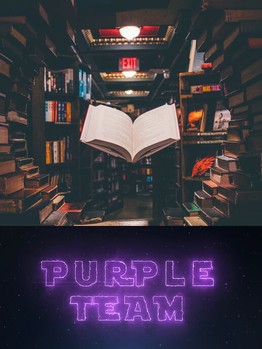 Purple team en texto con estanterías de libros