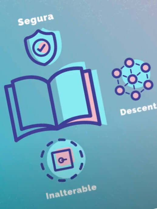 Babel Blockchain AT Valor. Vector image of a book with the words "Unalterable, Decentralized and Safe" around it