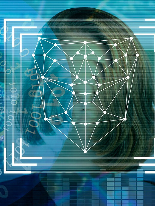 Babel Products Solutions Orion. Photomontage of a woman with a vector network defining her face